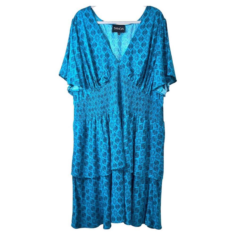 Tanoa Dress Short Flutter Sleeve V-Neck Geometric Pattern Size 3X Blue Black